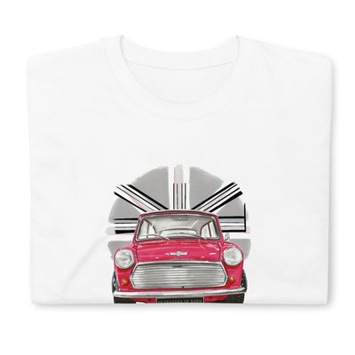 T-shirt blanc plié avec un superbe design de Mini des années 70 avec un fond british discret