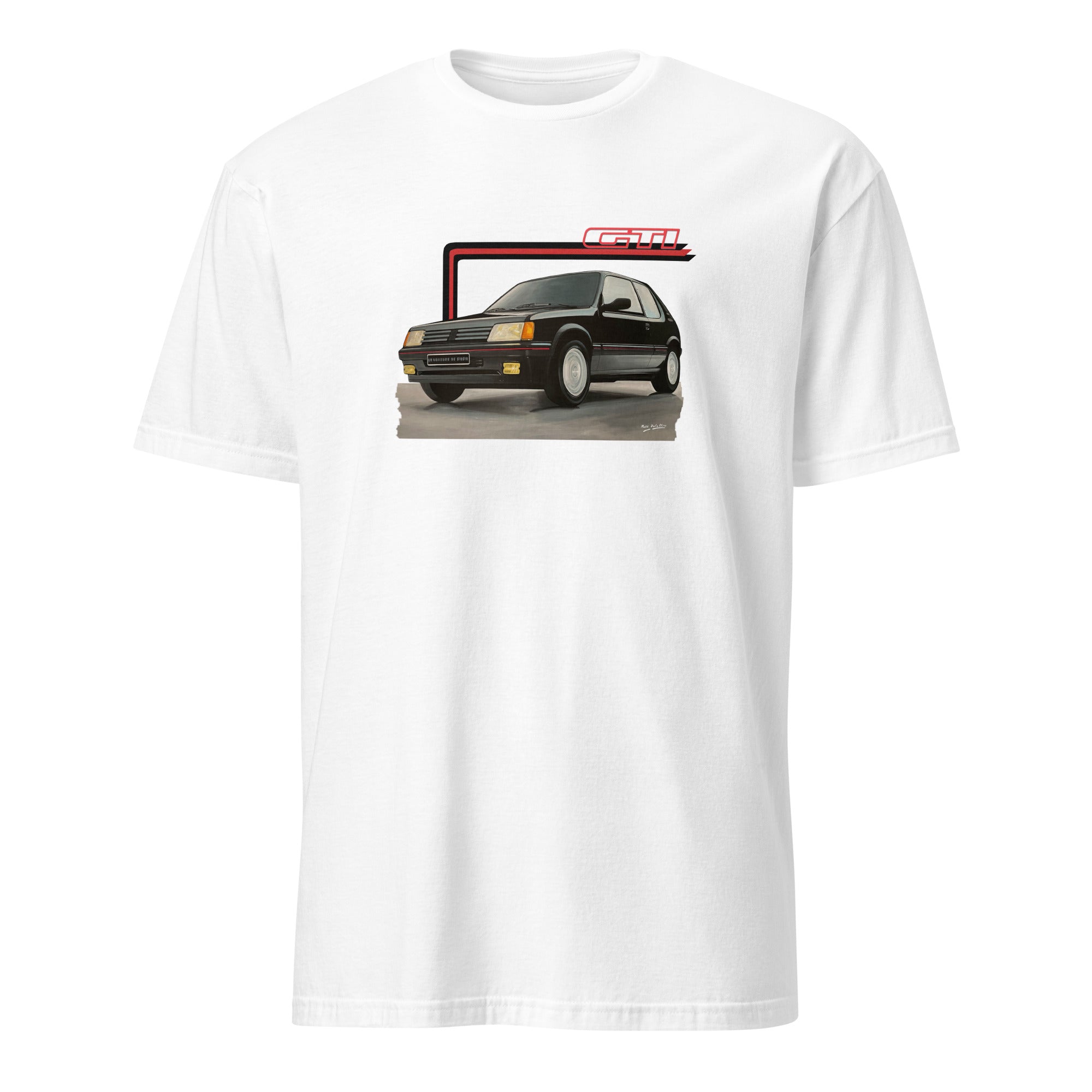 T-shirt blanc avec au milieu une illustration de la Peugeot 205 GTI