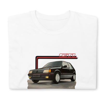 T-shirt blanc plié avec au milieu une illustration de la Peugeot 205 GTI