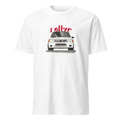 T-shirt blanc avec le dessin d'une Peugeot 205 rallye blanche et le texte "rallye" rouge en fond
