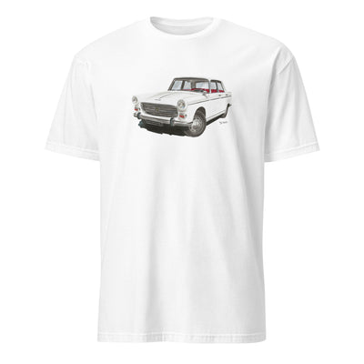 T-shirt blanc avec le dessin d'une Peugeot 404 blanche