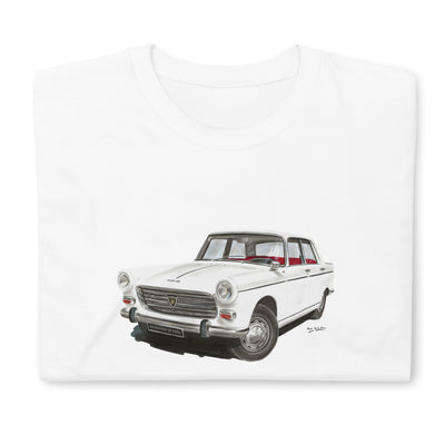 T-shirt blanc plié avec le dessin d'une Peugeot 404 blanche