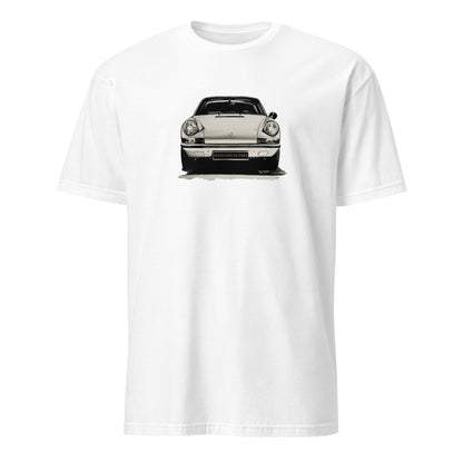 T-shirt blanc avec au milieu une illustration de la Posche 911 "Flat-6"