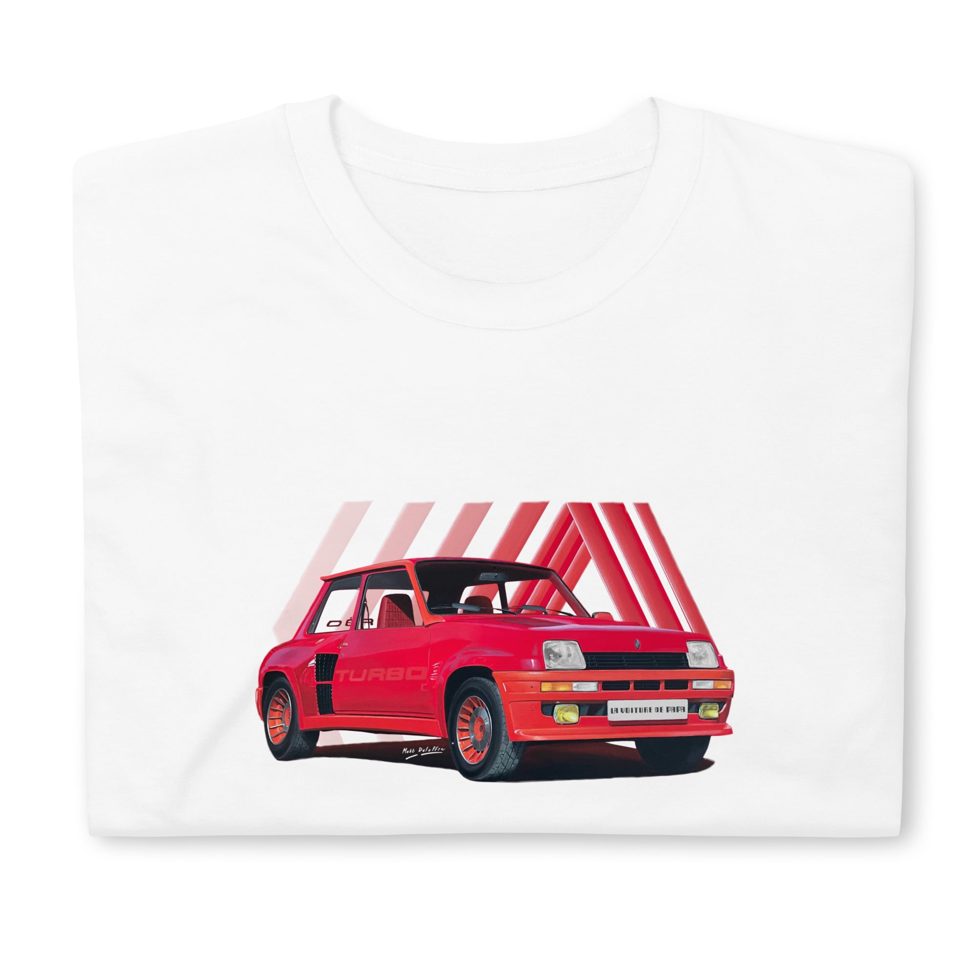 T-shirt blanc plié avec un superbe design de Renault R5 Turbo Rouge