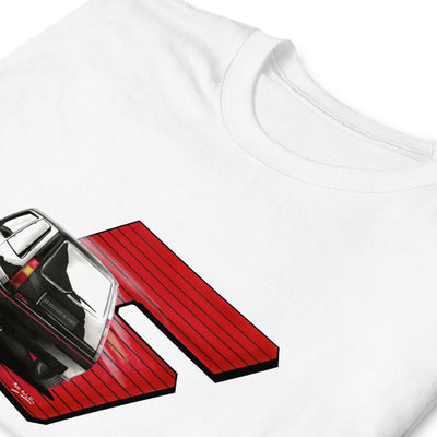 T-shirt blanc avec le dessin d'une Renault Super 5 noire avec un "5" en fond, rouge, zoom sur le motif