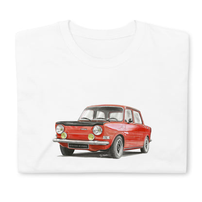 T-shirt blanc plié avec au milieu une illustration représentant une SIMCA 1000 Rallye rouge, version "Hirondelle"