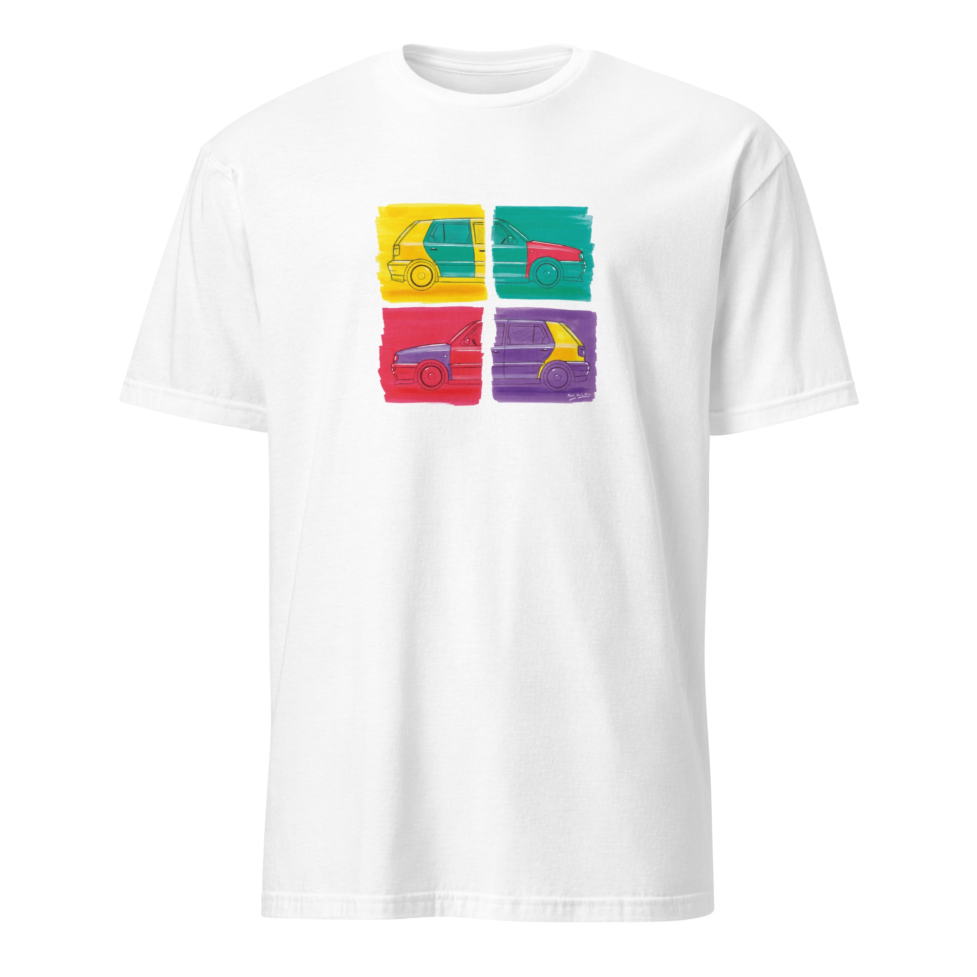 T-shirt blanc avec au milieu une illustration représentant deux Volkswagen Golf Harlequin, de profil, dans un style Andy Warhol