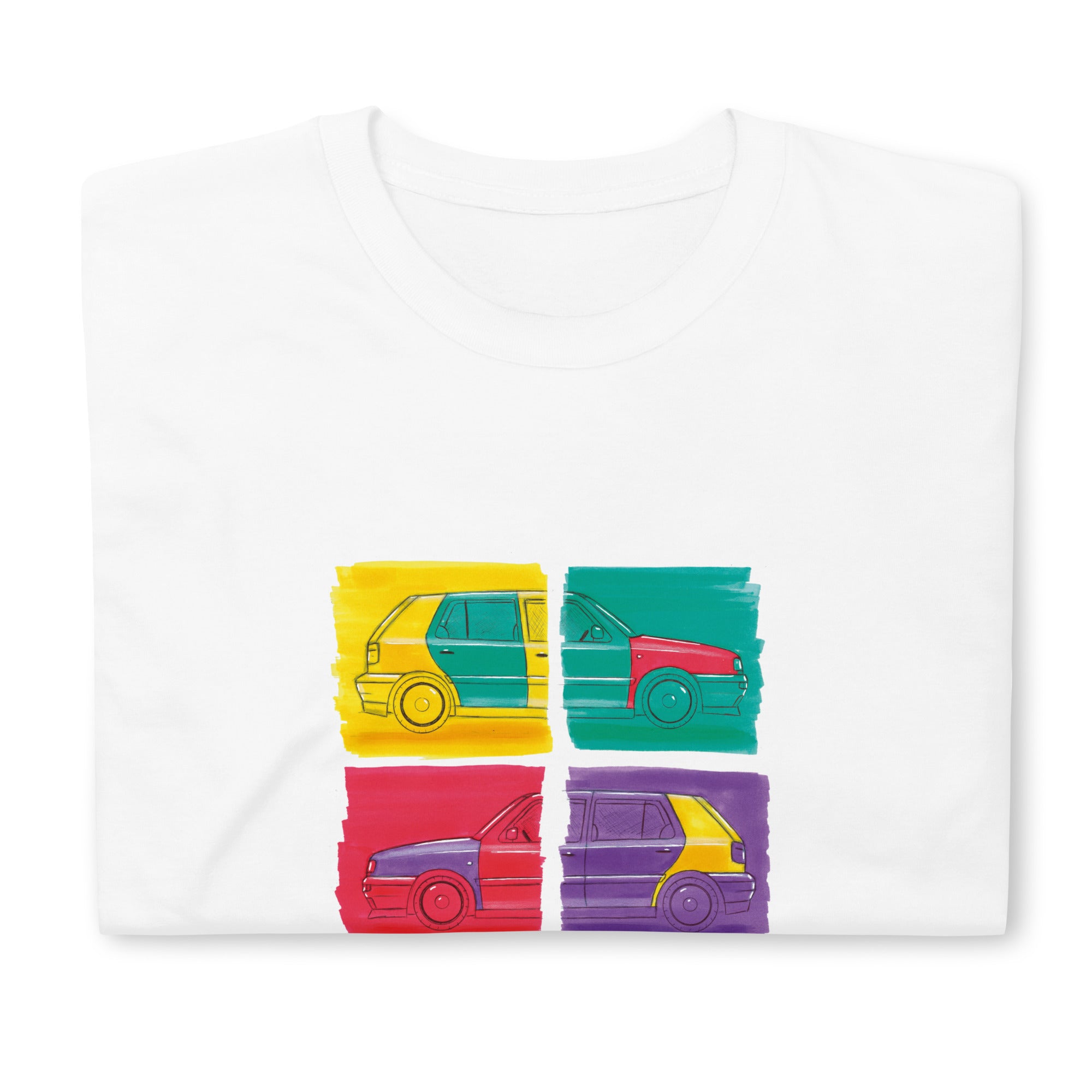 T-shirt blanc plié avec au milieu une illustration représentant deux Volkswagen Golf Harlequin, de profil, dans un style Andy Warhol