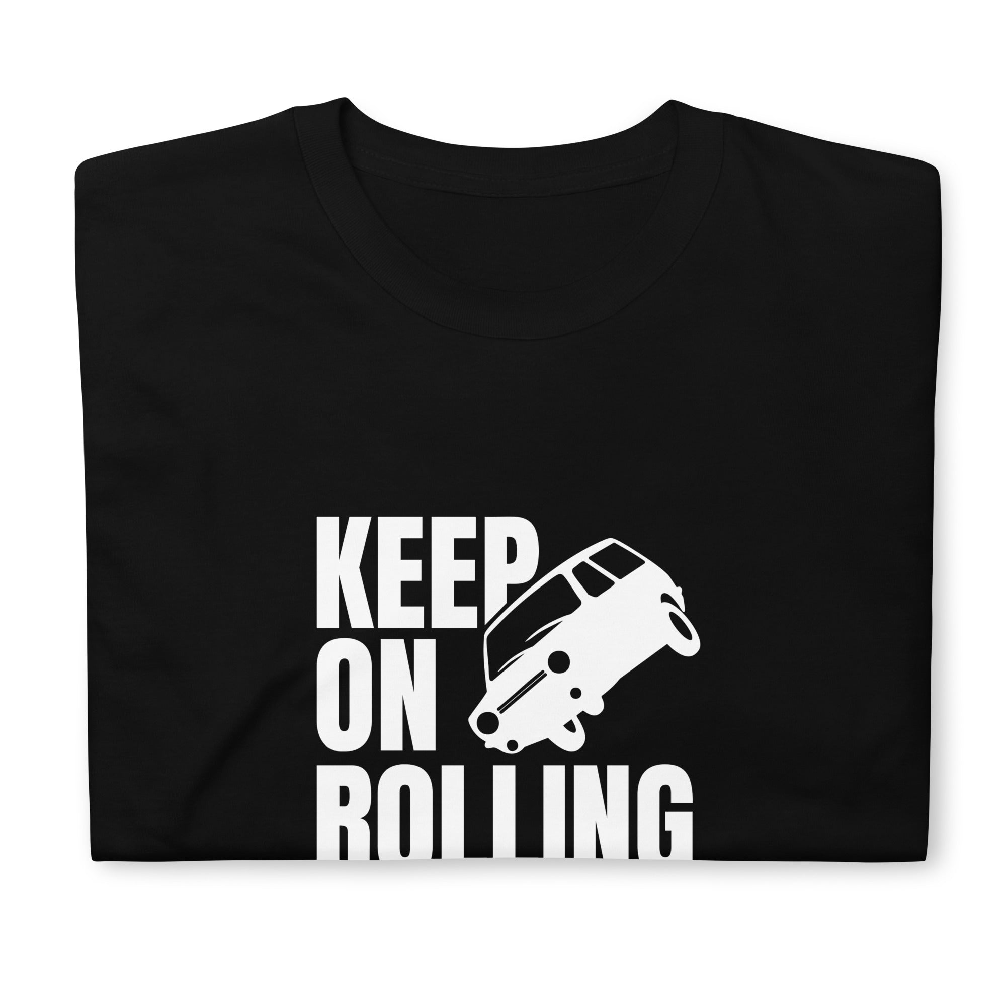 T-shirt noir plié avec le motif "Keep on rolling" représentant une Reliant Robin qui slide, à la Top Gear