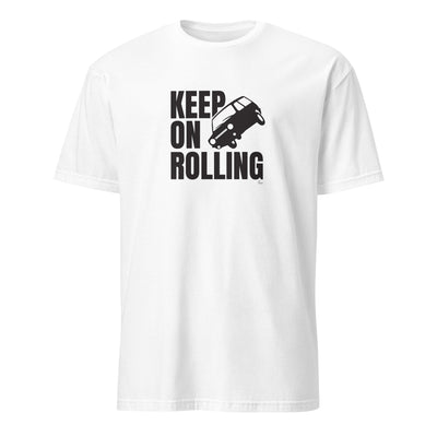 T-shirt blanc avec le motif "Keep on rolling" représentant une Reliant Robin qui slide, à la Top Gear