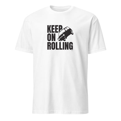 T-shirt blanc avec le motif "Keep on rolling" représentant une Reliant Robin qui slide, à la Top Gear