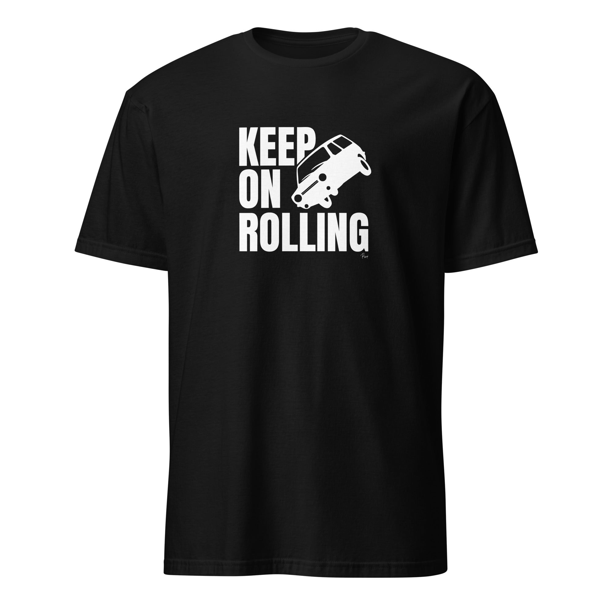 T-shirt noir avec le motif "Keep on rolling" représentant une Reliant Robin qui slide, à la Top Gear