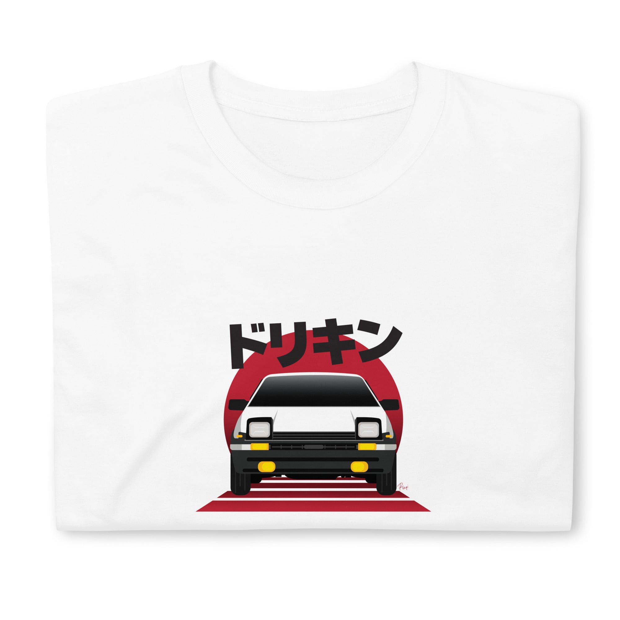 T-shirt blanc plié avec une illustration de la Toyota Sprinter Trueno AE86