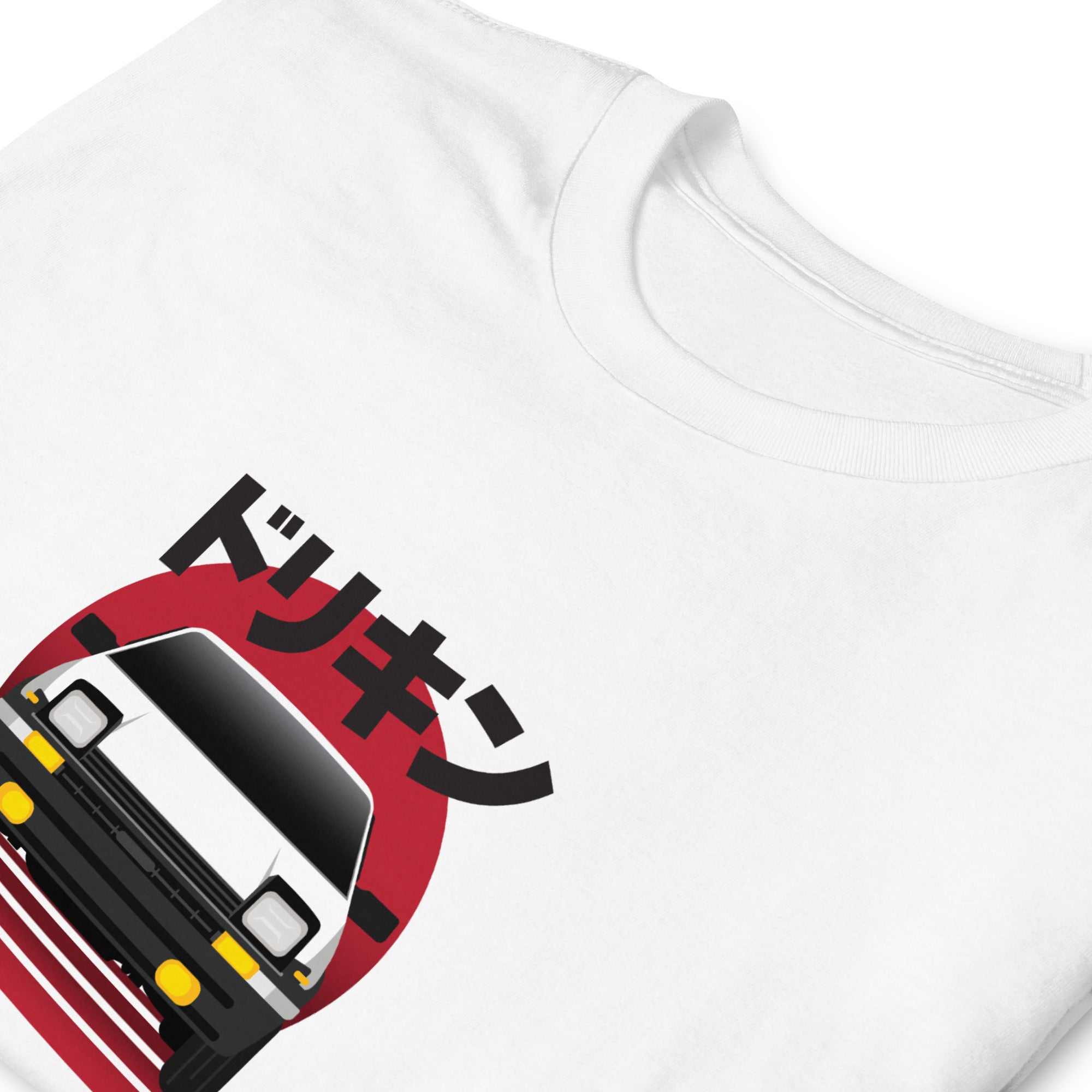 T-shirt blanc avec une illustration de la Toyota Sprinter Trueno AE86, zoom sur le motif