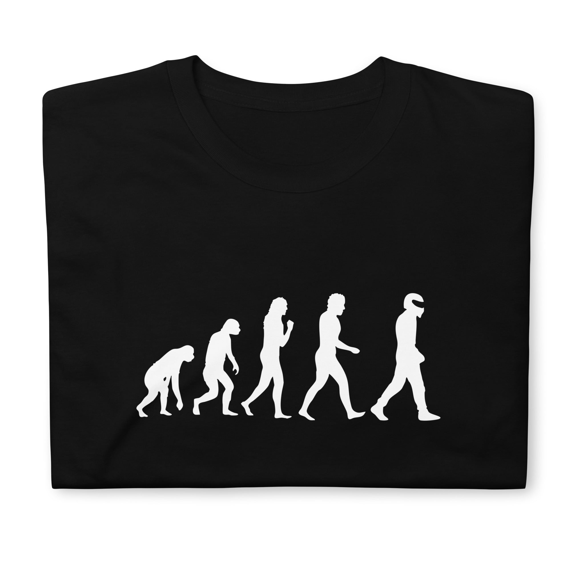 T-shirt noir plié avec le design du STIG Évolution, personnage célèbre de Top Gear